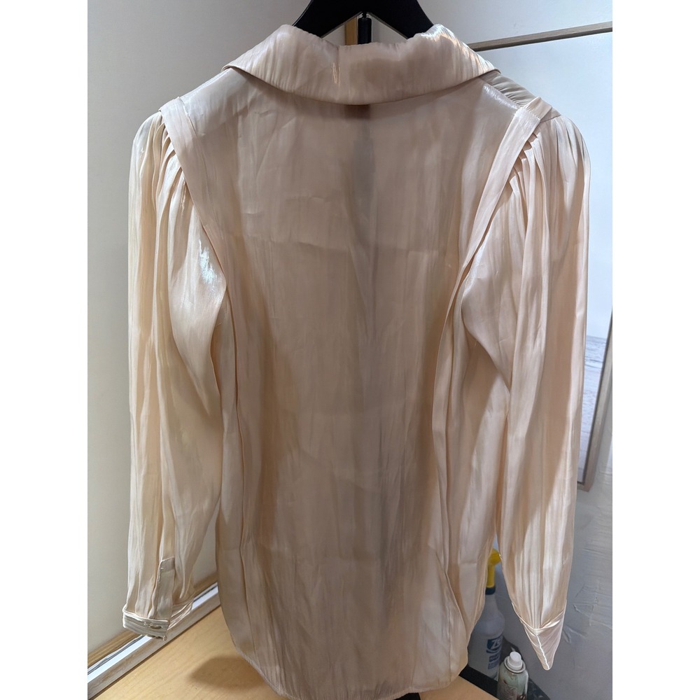 Pulz Champagne Satin Button Down Blouse Pleated Shoulder Long Sleeve XS - Picture 2 of 5